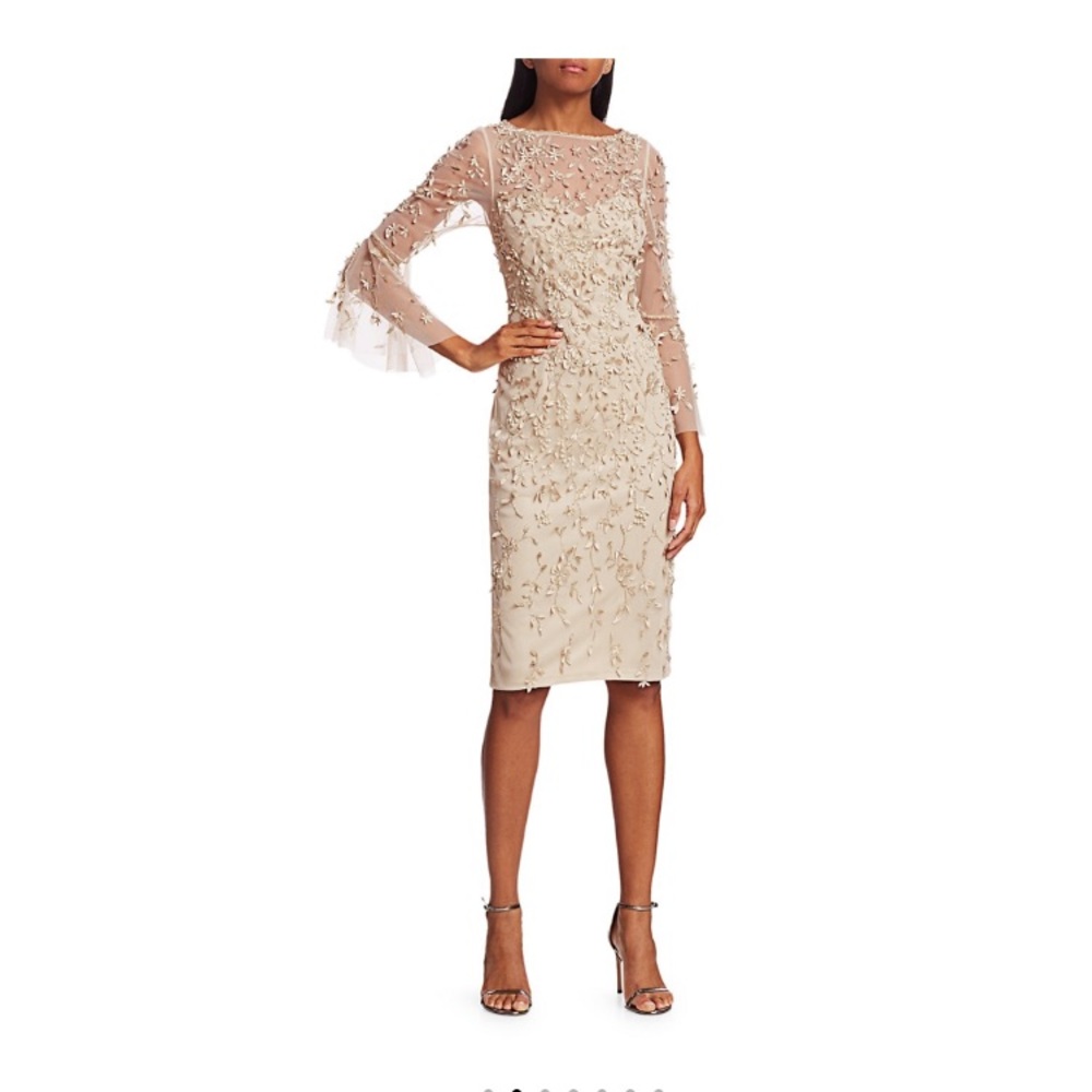 Theia Beaded Flounce-Sleeve Sheath Dress